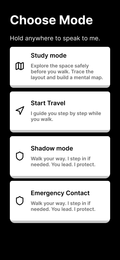 Mode selection with Study, Travel, Shadow, and Emergency options